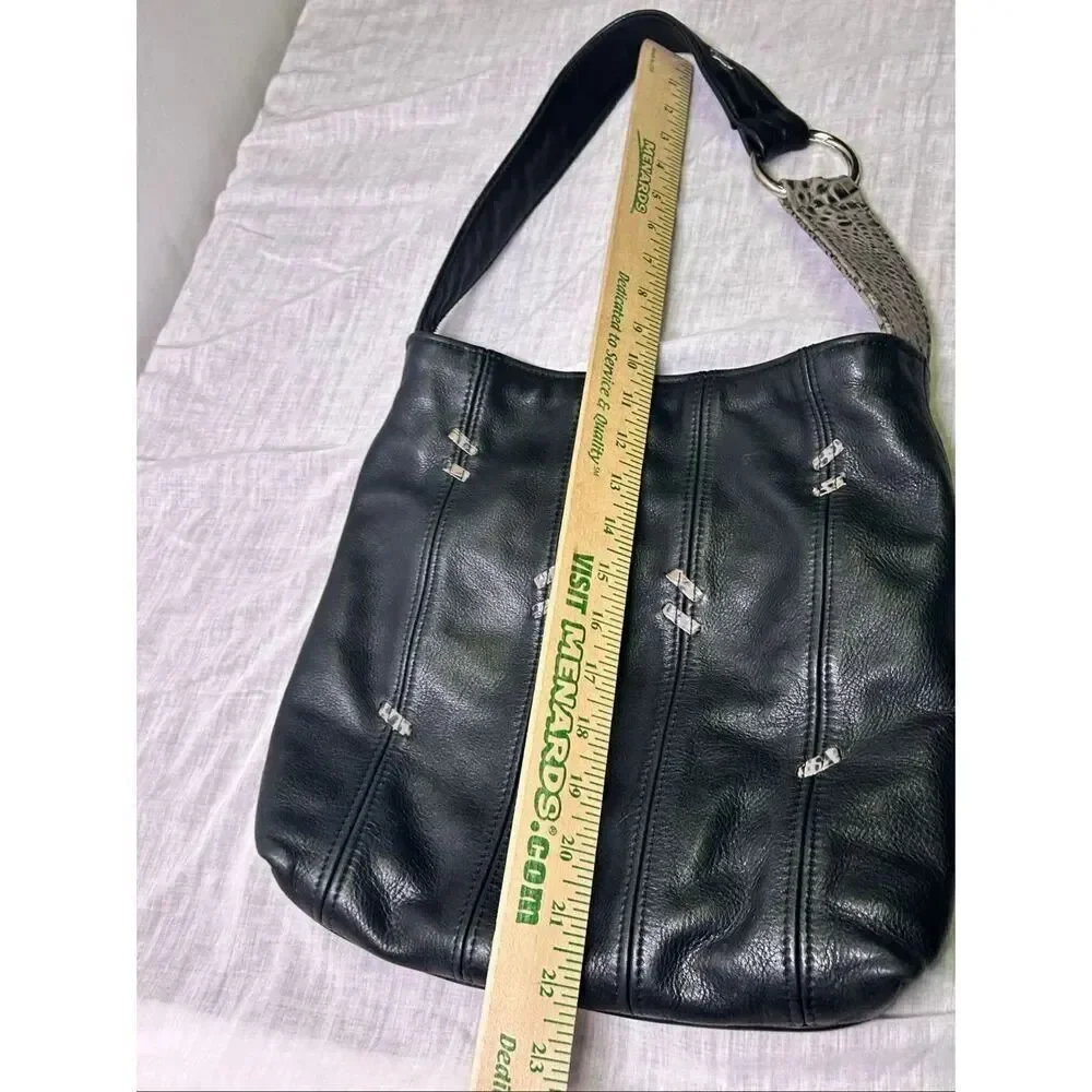 Black Leather Slouchy Hobo Bag Snakeskin Strap Silver Ring Hardware Y2K